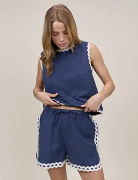 Pure Cotton Ric Rac Trim Shorts Blue female - Nobody's Child - FashionsVida