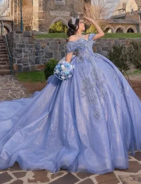 Navy Blue Shiny Quinceanera Dresses Ball Gown Off The Shoulder Applique Beading Bow Tull Sweet 16 Dress Vestidos 15 De Anos - Aliexpress - FashionsVida