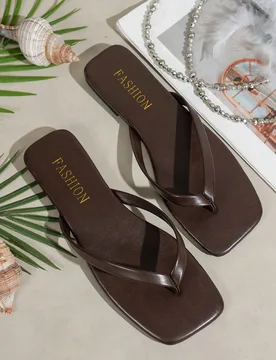 Chanclas de verano para mujer con punta cuadrada, sandalias planas, pantuflas planas cómodas y brillantes de moda, adecuadas para salidas, fiestas, p - Shein - FashionsVida