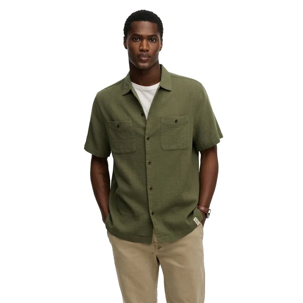 Camicia A Maniche Corte Merchant Textured Beetle Green S - Superdry - FashionsVida