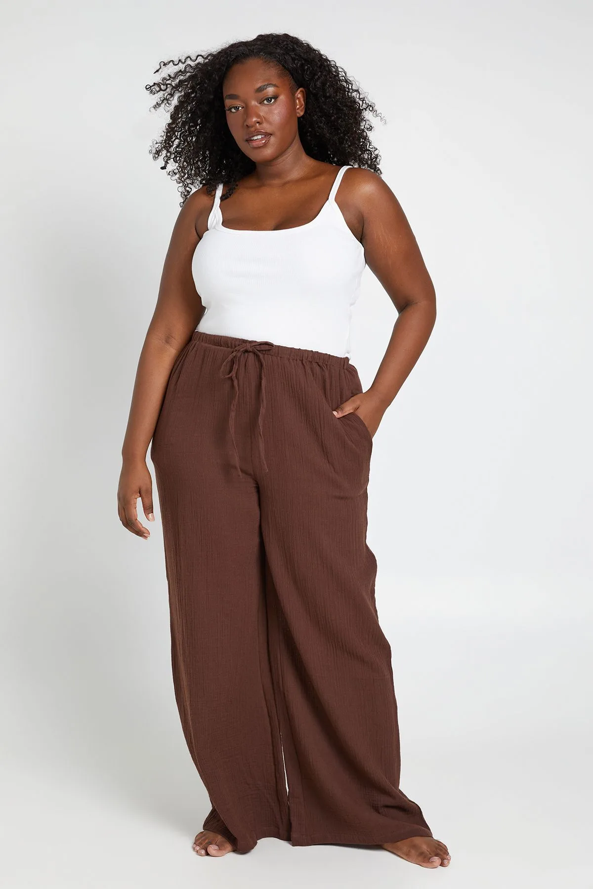 Womens Plus Elasticated Tie Front Wide Leg Beach Trouser - Brown - Size 24 Uk - Boohoo - FashionsVida