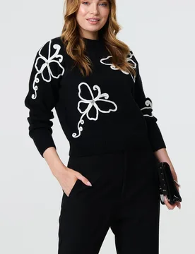 Womens Black Butterfly Print Embellished Jumper - Size 8 Uk - Izabel London - FashionsVida