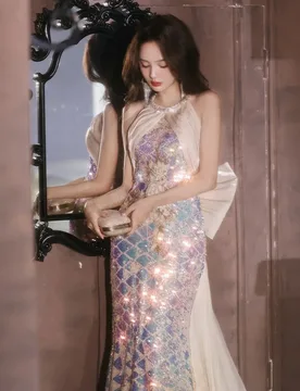 A halter-neck fish-tail light luxury niche haute couture adult sequined dress for banquets - Aliexpress - FashionsVida