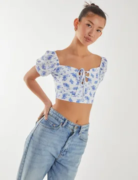 Womens Floral Puff Sleeve Crop Top - White - Size Large - Pink Vanilla - FashionsVida