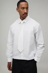 Herren Übergroßes Kastenförmiges Langarmhemd Mit Krawatte White Größe Medium