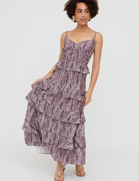 Women's Tangiers Tiered Line Print Maxi Dress in Purple Size: 16 - Purple - Size: 16 - Raffya - FashionsVida