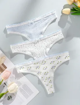 Conjunto de 3 piezas de bragas elegantes de mujer con estampado floral azul, suaves y transpirables, ajuste cómodo, decoración de lazo, adecuado par - Shein - FashionsVida
