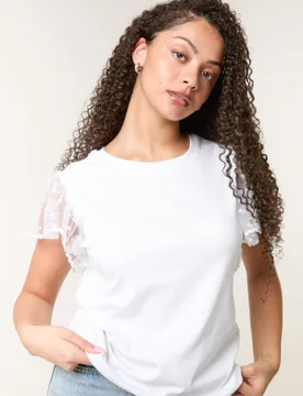 Polka Dot Mesh Sleeve T-shirt - M / WHITE - female - Blue Vanilla - FashionsVida