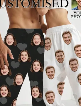 Pantalones de pijama personalizados con foto - Ropa de dormir personalizada con mascota para unisex - Pijamas con patrón de rostro de pareja, regalo - Shein - FashionsVida