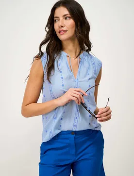 Cotton Blend Striped Tie Neck Blouse Light Blue female - Crew Clothing - FashionsVida