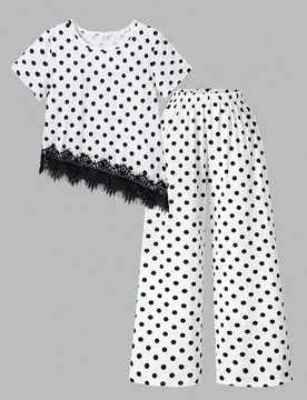 Conjunto de 2 piezas para niñas preadolescentes, 1 set de camiseta con lunares y patchwork de encaje, cuello redondo, manga corta, top asimétrico bl - Shein - FashionsVida