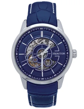 Mens Davies Semi-Skeleton Leather-Band Watch - Blue - One Size - Heritor Automatic - FashionsVida