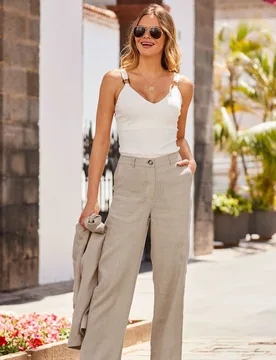 Pure Linen Wide Leg Trousers Natural female - Sosandar - FashionsVida