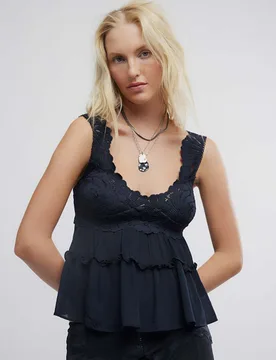 Lace Trim Tiered Peplum Hem Camisole Black female - Intimately FP by Free People - FashionsVida