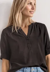 Kurzarm Bluse mit Split Neck und Elastiksaum female Braun