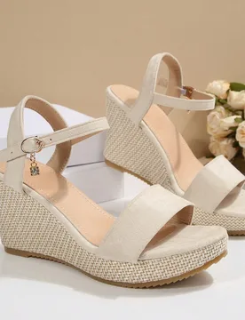 Sandalias de cuña con tacón grueso y tiras cruzadas para mujer 2026, punta abierta, hebilla ajustable, suela gruesa de paja tejida, tacón alto, zap - Shein - FashionsVida