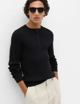Cotton Blend Smart Henley Jumper Black male - M&S - FashionsVida