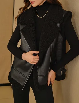 Chaqueta de chaleco tipo Teddy con cremallera y cuello en solapa de piel de PU S - Shein - FashionsVida