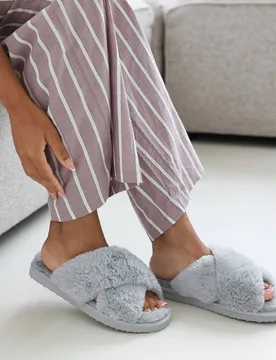 Women's 'Ciara' Faux Fur Cross Over Strap Slippers in Grey Size: 4 - Grey - Size: 4 - Where's That From - FashionsVida