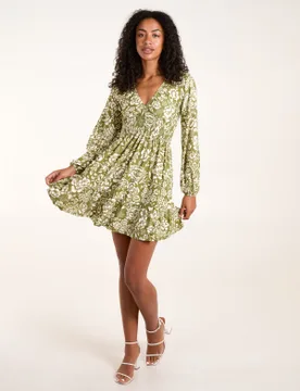 Shirring Elastic Sleeve Tier Mini Dress - XL / KHAKI - female - Blue Vanilla - FashionsVida