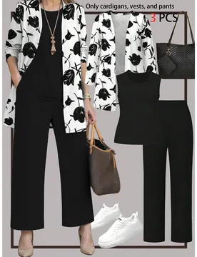 Conjunto de 3 piezas para mujer talla grande: chaqueta casual con estampado de plantas + top sin mangas de cuello redondo + pantalones de pierna recta - Shein - FashionsVida