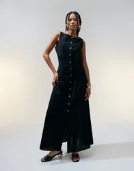 Womens Slash Neck Button Down Waistcoat Maxi Dress Black - Size 10 Uk
