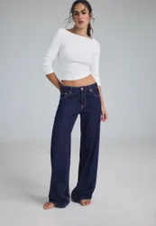 D91 Wide-Leg-Jeans mit tiefem Bund IM STÜCK GEFÄRBTER DENIM-WASHED-LOOK 38