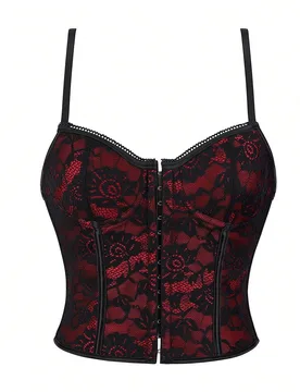 Top tipo corsé, bustier corto ajustado con efecto ceñidor de cintura, encaje con volantes, tirantes finos ajustables y cierre frontal con botones, p - Shein - FashionsVida