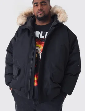 Herren Plus Kapuzen-Parka mit abnehmbarem Kunstfell-Besatz in Regular Fit in Schwarz Black Größe 2XL - boohooMAN - FashionsVida