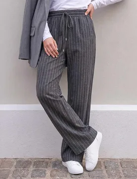 Petite Striped Drawstring Wide Leg Trousers Grey female - Roman - FashionsVida