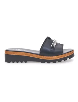 Ciabatta Nera con Fascia in Pelle e Catena Decorativa 333170811 37 - Pittarello - FashionsVida