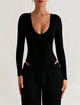 Otoño Nuevo Sexy Cuello en V Ajuste Delgado Básico Manga Larga Negro Body Camiseta Casual para Mujer Uso Diario M - Shein - FashionsVida