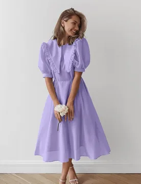 Doll Collar Dress New Purple Short-sleeved Pleated Temperament Elegant High-waisted A-shaped Long Skirt - Aliexpress - FashionsVida