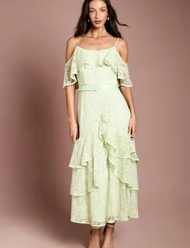 Women's Lace Frill Detail Strappy Belted Midi Dress in Sage Size: 16 - Sage - Size: 16 - Coast - FashionsVida