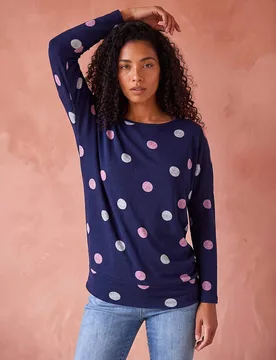 Spot Print Crew Neck Top Navy female - Roman - FashionsVida