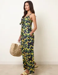 Lemon Print Front Tie Jumpsuit - L / LEMON - female