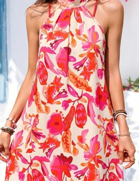 Vestido corto de verano para mujer con estampado floral tropical y cuello halter para vacaciones en la playa, estilo vacacional, vestido corto de vera - Shein - FashionsVida