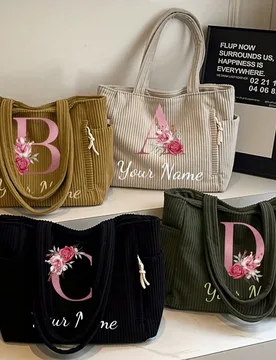 Bolso de mano de pana de unicolor personalizado, bolso de hombro de gran capacidad para mujer, bolso ligero para estudiantes para la escuela, viajes y - Shein - FashionsVida