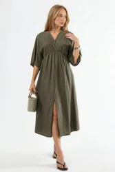 Womens V-Neck Midi Wrap Dress With Three Quarter Sleeves - Khaki - Size Large