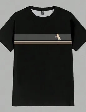 Camiseta de manga corta de ajuste estándar para hombre con estampado de bloques de color, rayas, patchwork, logotipo pequeño y patrón de silueta, e - Shein - FashionsVida
