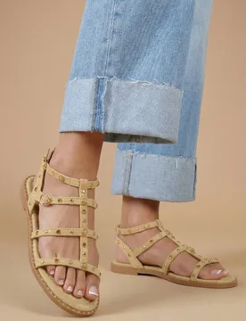 Women's Luca Faux Suede Studded Gladiator Flat Sandals in Yellow Size: 3 - Yellow - Size: 3 - OASIS - FashionsVida