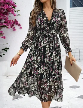 Vestido largo con estampado floral diminuto, mangas con volantes y dobladillo con volantes, para vacaciones y playa para mujeres S - Shein - FashionsVida