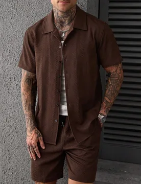 Conjunto de camisa casual de manga corta con botones y pantalones cortos con cordón en la cintura y bolsillos para hombre XL - Shein - FashionsVida