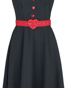 Rockabilly Kleid knielang - Queen Heart Button Flare Dress - XS bis 4XL - für Damen - Größe S - schwarz/rot - Frauen - female - Voodoo vixen - FashionsVida