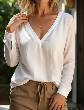 Blusa de lino blanco con textura, cuello en V y manga larga, top holgado y estilizante, capa base versátil de estilo minimalista francés casual S - Shein - FashionsVida