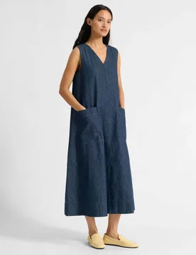 Denim V-Neck Midi A-Line Swing Dress Indigo female - Albaray - FashionsVida