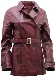 Women's Mid Length Leather Trench Coat -Oakham in Burgundy Size: 10 - Burgundy - Size: 10