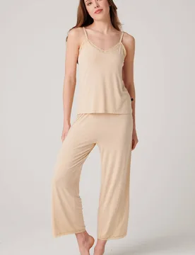 Women's "Soft Sand" Bamboo Lace Camisole Pyjama Set in Light Sand Size: 20 - Light Sand - Size: 20 - British Boxers - FashionsVida