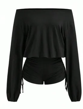 Mono LUNE para mujer de primavera/otoño en color negro con hombros descubiertos, manga larga, puños elásticos, cordón lateral y cintura con volant - Shein - FashionsVida