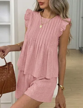 Conjunto de 2 piezas para mujer: Blusa de cuello redondo con mangas de volantes tipo mariposa y corte A, shorts de pierna ancha con cintura elástica, - Shein - FashionsVida